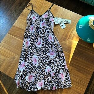 Leopard Print Dress with Pink Floral Accents Y2K 2000s Small